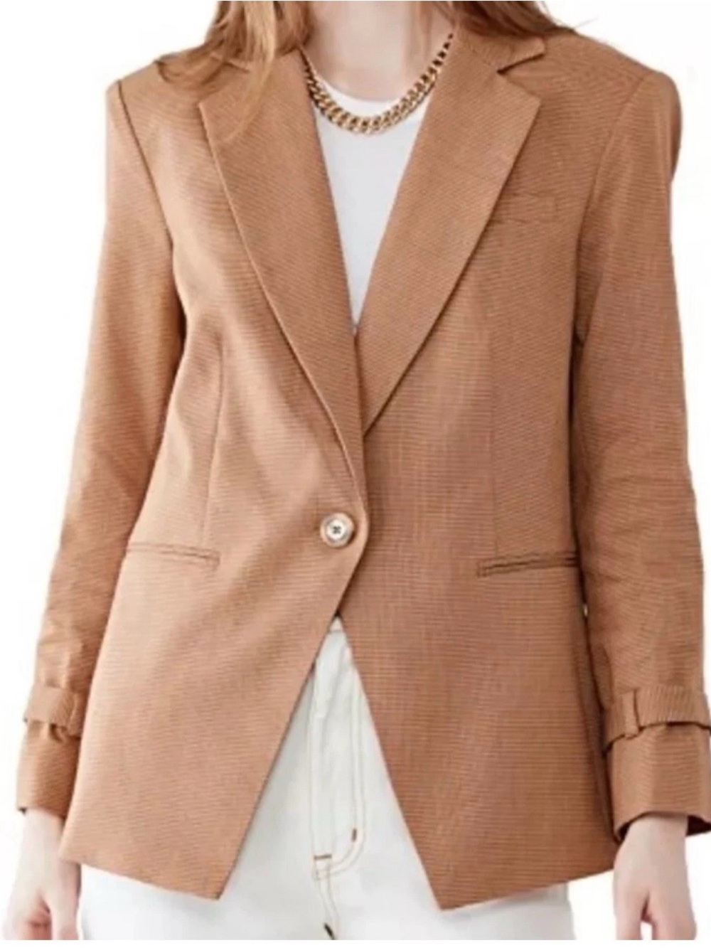 Veronica Beard Camel/Tan Single-Button Textured Blazer - Picture 3 of 15
